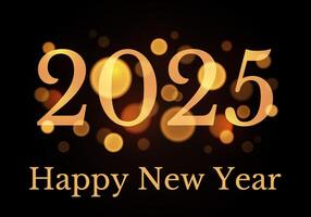 2025 new year postcard with boke lights effects. Digit design. Happy new year text design template in gold. Isolated dark red background. Postcard, calendar, banner. illustration. vector