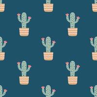 Cute cacti in boho style. Cactus seamless pattern. Trendy boho background. Cacti fabric print design. Succulent textile. Flat design, doodle style, green background vector