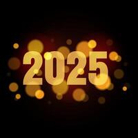 2025 new year postcard with boke lights effects. Digit design. Happy new year text design template in gold. Isolated dark red background. Postcard, calendar, banner. illustration. vector