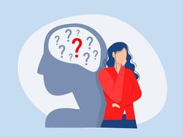 Imposter syndrome thinking mind ,shadow woman standing for adoubt question mark with Anxiety and lack of self confidence at work, the person fakes is someone else concept vector