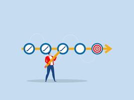 Goal tracker Task completion entering check mark concept,Businessman project manager holding big pencil to check completed tasks in project management timeline. vector