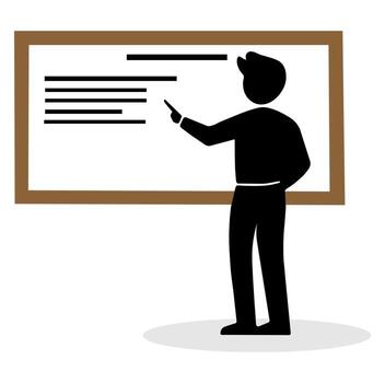 A person giving a presentation in front of a large board during a business meeting vector