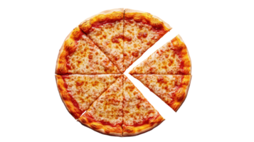 A cheese pizza with one slice removed, showcasing its appetizing golden crust and melted cheese. png