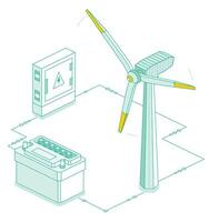 Wind turbine for generation of electricity and car battery isolated on white background. Accumulator battery and electrical transformer. Isometric outline objects. vector