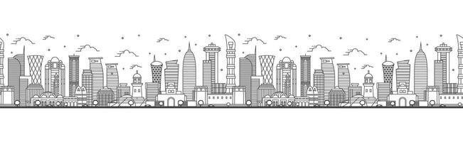 Seamless pattern with outline Doha Qatar City Skyline with Modern Buildings Isolated on White. Doha Cityscape with Landmarks. vector