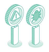Debugging. Magnifying glass with bug and exclamation mark isolated on white background. Isometric outline objects. Debug code. Software testing concept. vector