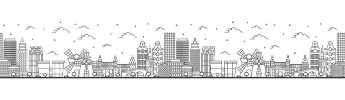 Seamless pattern with outline Amsterdam Netherlands City Skyline with Historic Buildings Isolated on White. Amsterdam Cityscape with Landmarks. vector