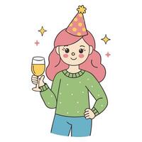 Festive cartoon girl in party hat holding a glass celebrating cheerful occasion vector