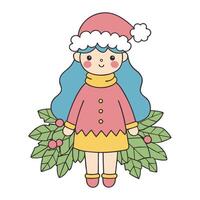 kawaii Navidad niña con acebo y Papa Noel sombrero en linda dibujos animados estilo vector