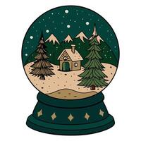 Cozy winter scene in snow globe with cabin and pine trees illustration vector