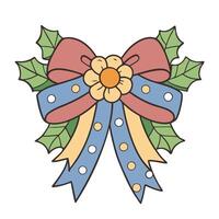 Festive bow with holly leaves and polka dot ribbons in flat style vector