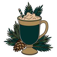 Festive eggnog illustration with pine branches and creamy texture in a warm holiday style vector