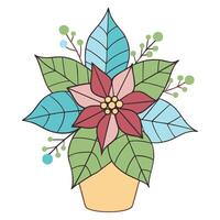 Colorful poinsettia flower in pot with abstract leaves in style vector
