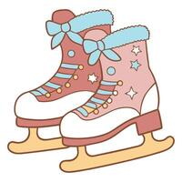 Pastel ice skates illustration with bows, stars, and fluffy trim in whimsical cartoon style vector
