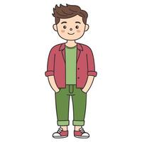 Casual cartoon character with red jacket and green pants standing confidently vector