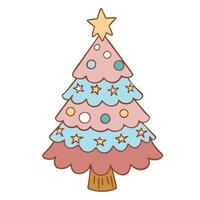 Whimsical pastel Christmas tree with stars and ornaments in cartoon style vector