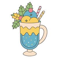 Festive holiday ice cream in a colorful mug with holly and candy sticks vector