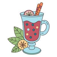 Colorful fruit tea in glass with citrus slices and leaves in illustration vector