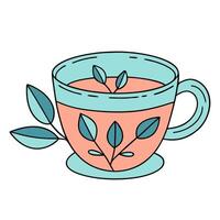 Colorful tea cup with leaf motifs in simple line art style vector