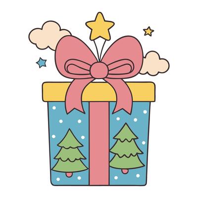 Festive holiday gift box with bow and Christmas tree design
