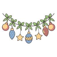 Festive garland with colorful ornaments and bows in flat style vector