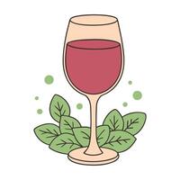 Wine glass with red liquid and green leaves in a minimalist style vector