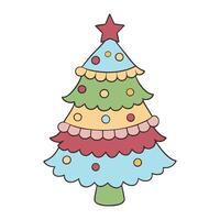 Whimsical layered Christmas tree with colorful ornaments and star vector