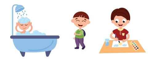 Child's daily routine. Takes a shower, walks, draws. White background, isolate. vector