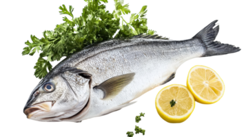 A whole fish lies surrounded by fresh herbs and sliced lemons, ideal for a delicious meal. png
