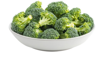 Vibrant green broccoli florets sit invitingly in a white bowl, emphasizing health and freshness. png