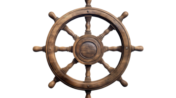 A detailed view of a traditional wooden ship's steering wheel against a transparent background. png