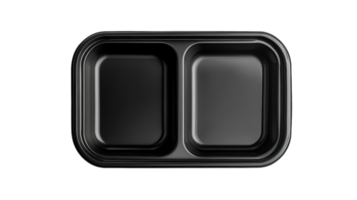 A black, divided food container suitable for meal prepping, taken on a neutral background to emphasize its simple design and practicality. png