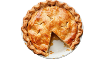 Freshly baked apple pie with a slice removed resting on a white plate, showcasing its golden crust and fruit filling. png