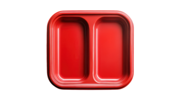 Red two-compartment tray depicting a simple design for serving food in schools or cafeterias during lunchtime. png