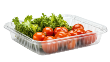 Fresh cherry tomatoes and crisp lettuce in a clear plastic food container ready for salad preparation in a kitchen setting. png