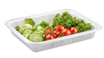 Fresh salad ingredients in a white container featuring lettuce, cucumbers, and cherry tomatoes for healthy meal preparation. png