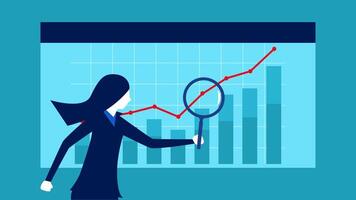 woman looking at chart with magnifying glass and graph vector