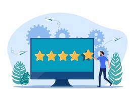 a man is holding a five star rating on a computer screen vector