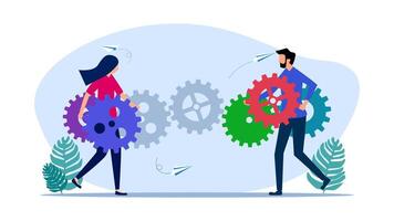 two people are holding gears and one is holding a paper airplane vector