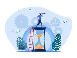 man standing on hourglass with binoculars and a clock vector