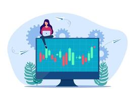 a woman is sitting on a computer monitor with a chart on it vector