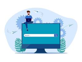 man sitting on computer with search box on top of monitor vector