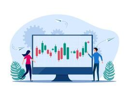 two people are looking at a chart on a computer screen vector