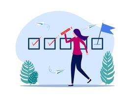 a woman is holding a red marker and looking at a checklist vector