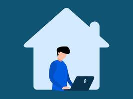 a man is sitting in front of a house with a laptop vector