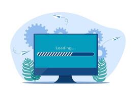 loading page on computer screen with gears and plants vector