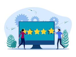 people are looking at a computer screen with five stars vector