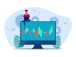 man sitting on a computer monitor with a chart on it vector