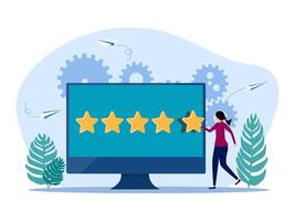 a woman is holding a five star rating on a computer screen vector