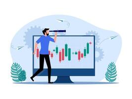 man looking at stock chart on monitor with binoculars vector